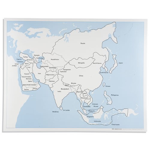 Контрольная контурная карта Азии, подписанная на англ. яз.