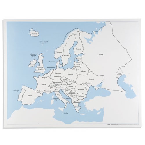 Контрольная контурная карта Европы, подписанная на англ. яз.